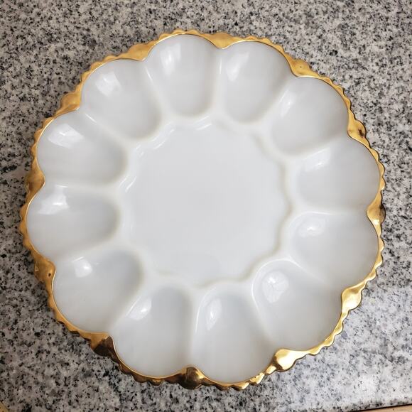 Lot of 2 Anchor Hocking Fire King Milk Glass Deviled Egg Gold Trim + Relish Tray - Picture 7 of 12